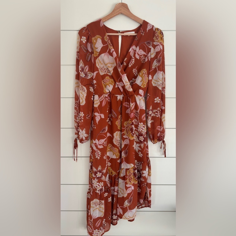 Elegant Floral Wrap Midi Dress in Terracotta